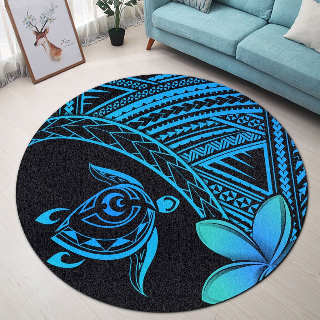 Hawaiian Turtle Plumeria Kakau Polynesian Quilt Round Carpet Blue AH - Polynesian Pride