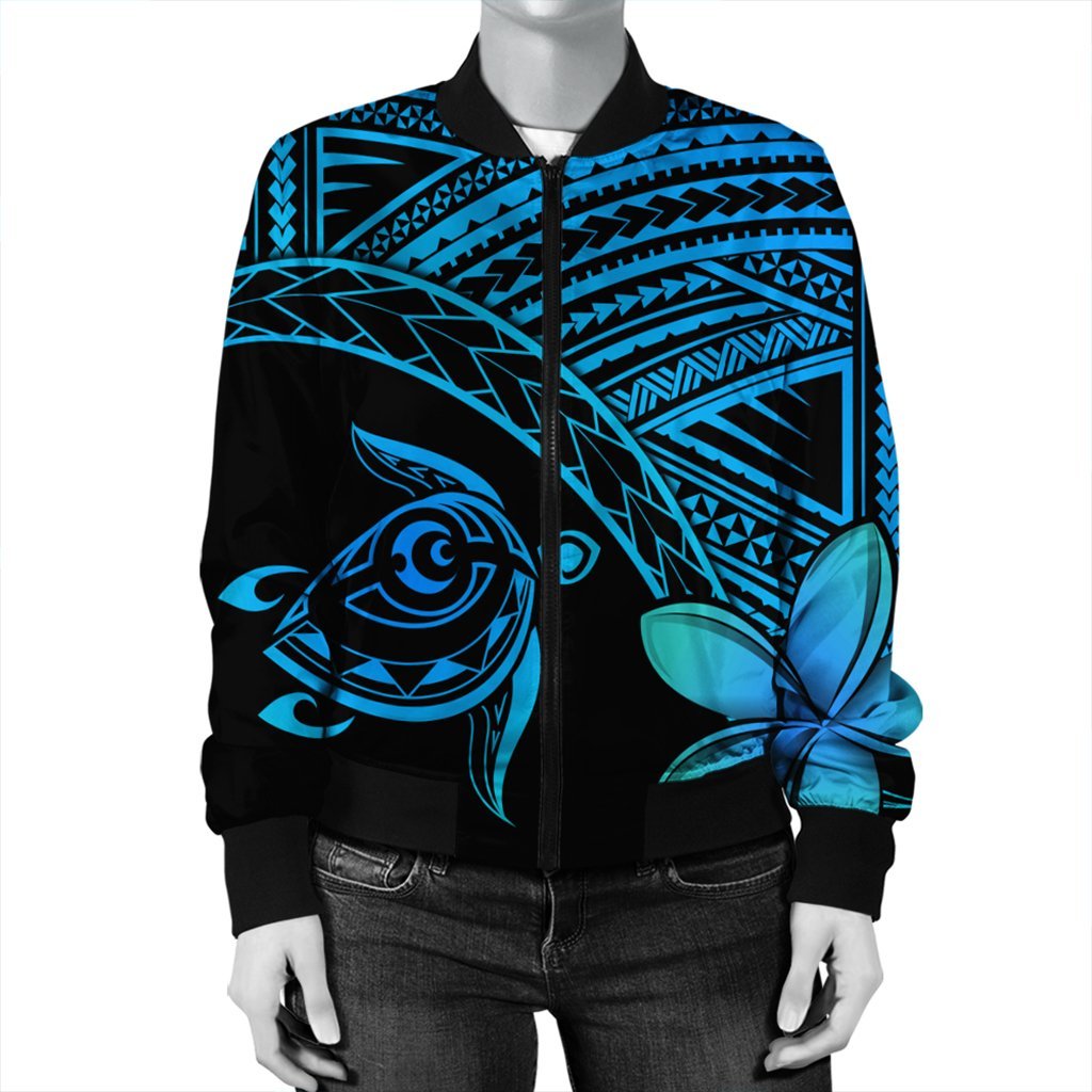 Hawaiian Turtle Plumeria Kakau Polynesian Quilt Bomber Jacket Blue AH - Polynesian Pride