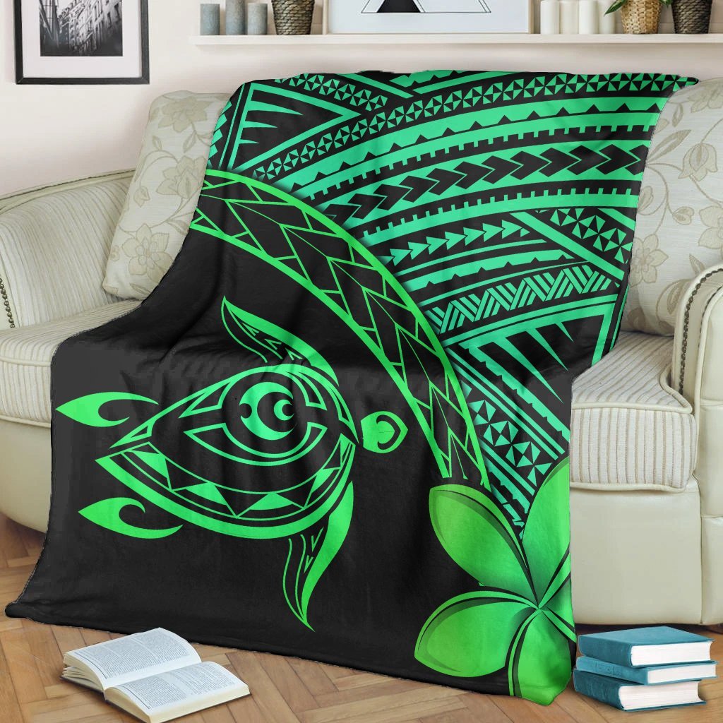 Hawaiian Turtle Plumeria Kakau Polynesian Quilt Premium Blankets Neo Green AH - Polynesian Pride
