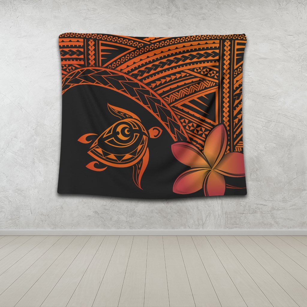 Hawaiian Turtle Plumeria Kakau Polynesian Quilt Tapestry Neo Orange AH - Polynesian Pride