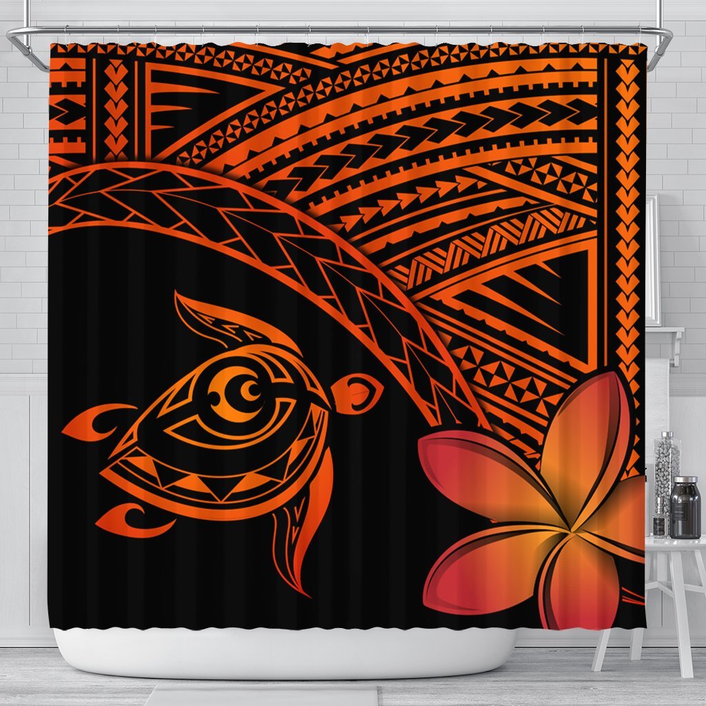 Hawaiian Turtle Plumeria Kakau Polynesian Quilt Shower Curtain Neo Orange AH 177 x 172 (cm) Black - Polynesian Pride