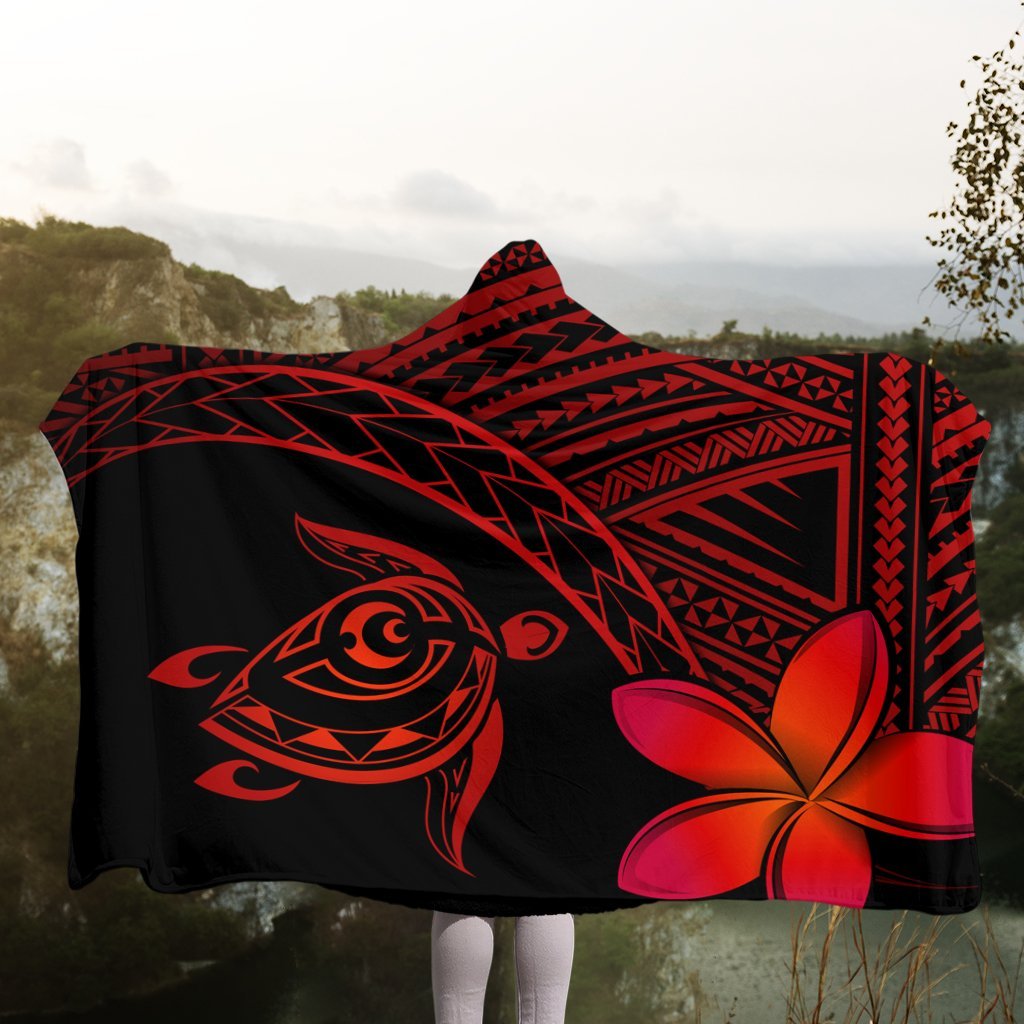 Hawaiian Turtle Plumeria Kakau Polynesian Quilt Hooded Blanket Neo Red AH - Polynesian Pride
