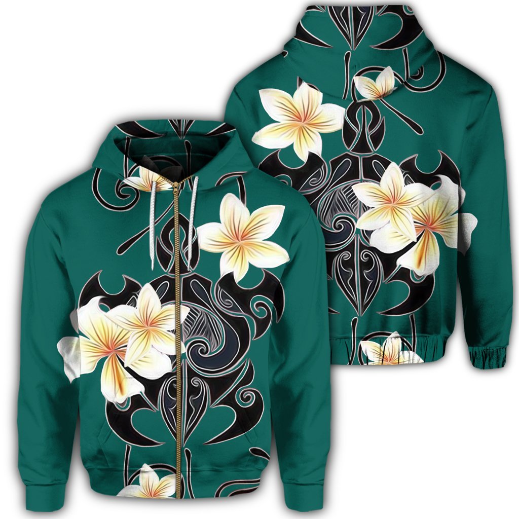 Hawaiian Turtle Plumeria Polynesian Zip Hoodie Mint Unisex Art - Polynesian Pride