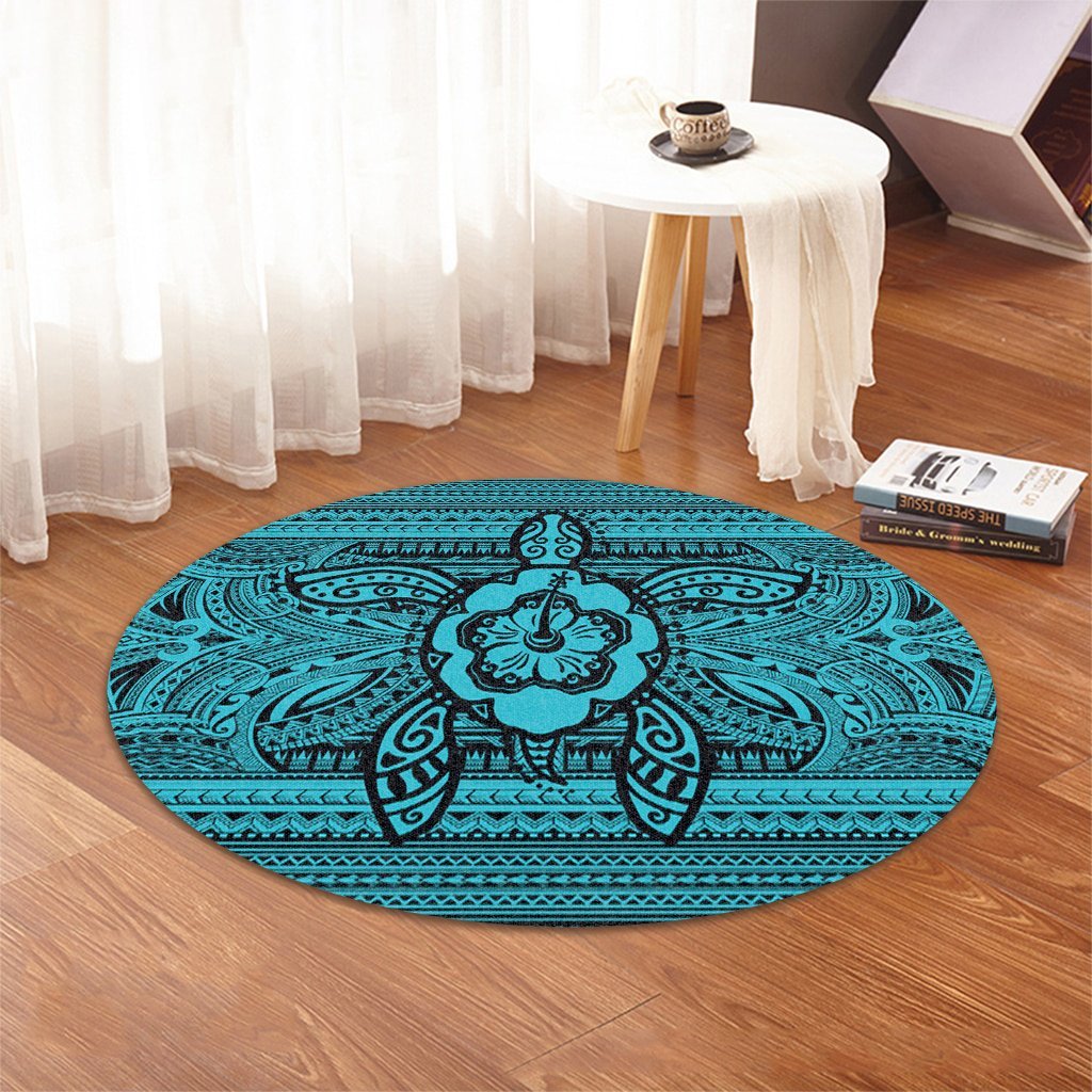 Hawaiian Turtle Polynesian Tribal Round Carpet Blue AH - Polynesian Pride