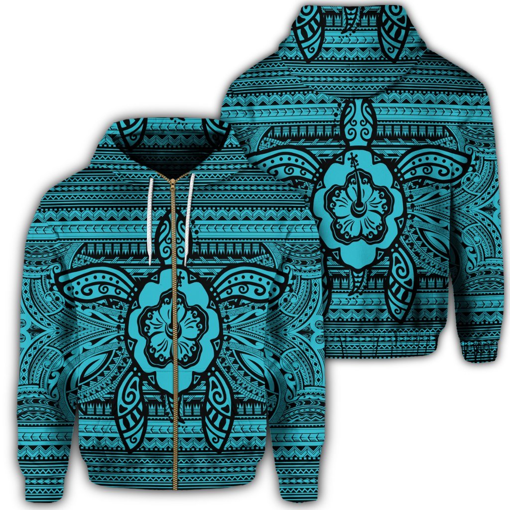 Hawaiian Turtle Polyensian Tribal Zip Hoodie Blue Unisex Art - Polynesian Pride