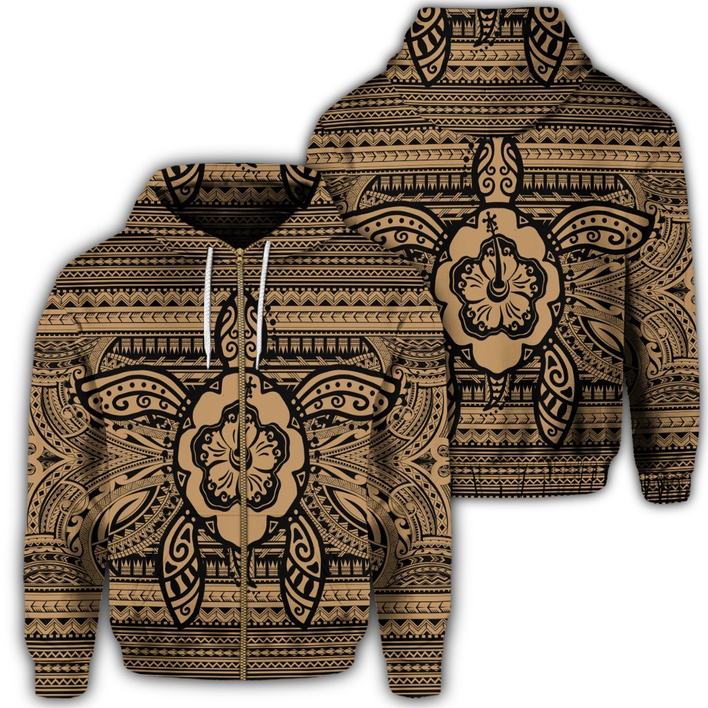 Hawaiian Turtle Polyensian Tribal Zip Hoodie Gold Unisex Art - Polynesian Pride
