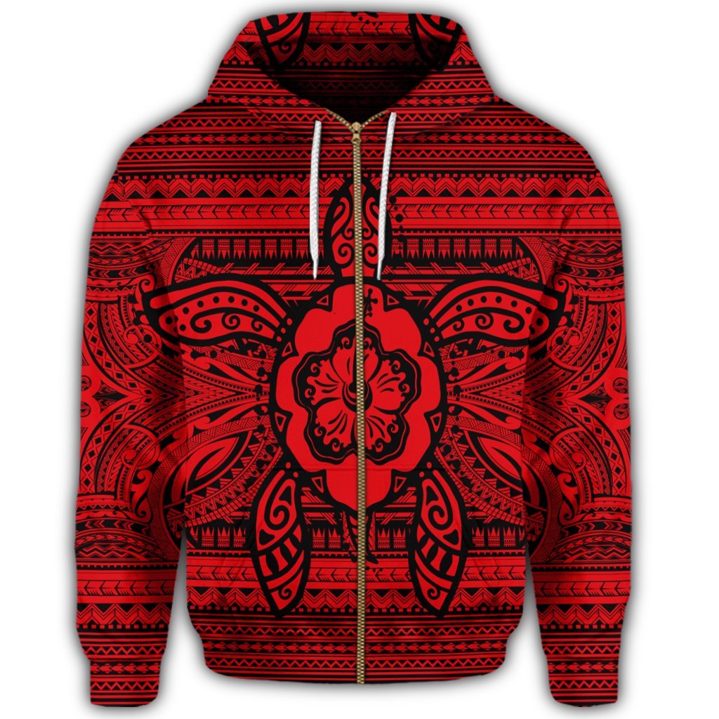 Hawaiian Turtle Polyensian Tribal Zip Hoodie Red - Polynesian Pride