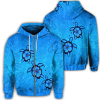 Hawaiian Turtle Swim In The OCean With Hibiscus Polynesian Zip Hoodie Unisex Art - Polynesian Pride
