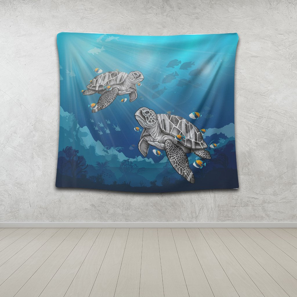 Hawaiian Turtle Swim With Fish In The Ocean Polynesian Tapestry - AH - Polynesian Pride