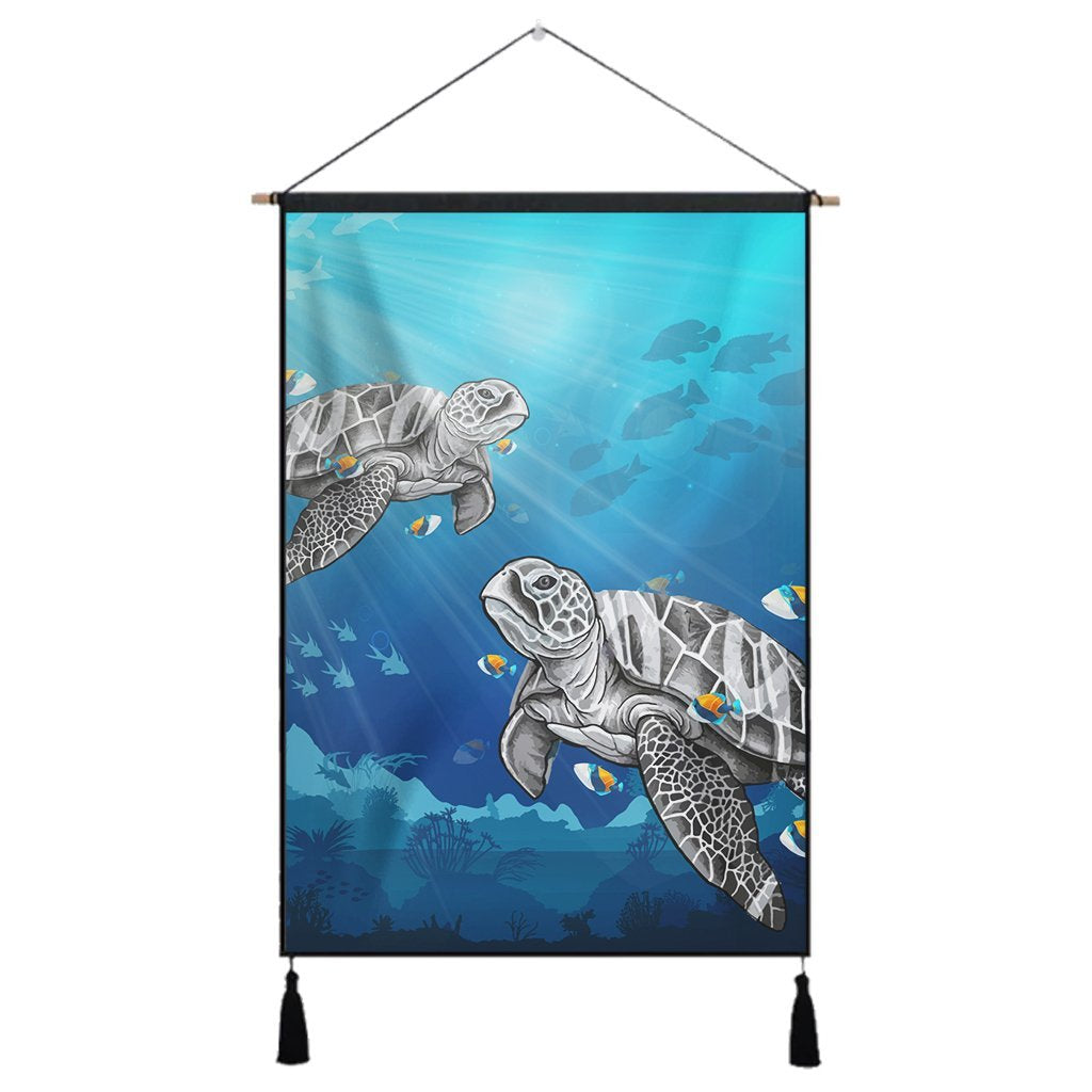 Hawaiian Turtle Swim With Fish In The Ocean Polynesian Hanging Poster - AH Hanging Poster Cotton And Linen - Polynesian Pride