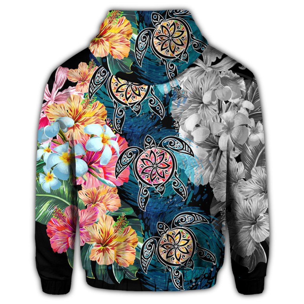 Hawaiian Turtle Swimming Wave Plumeria Hibiscus Polynesian Zip Hoodie Garden Style - Polynesian Pride