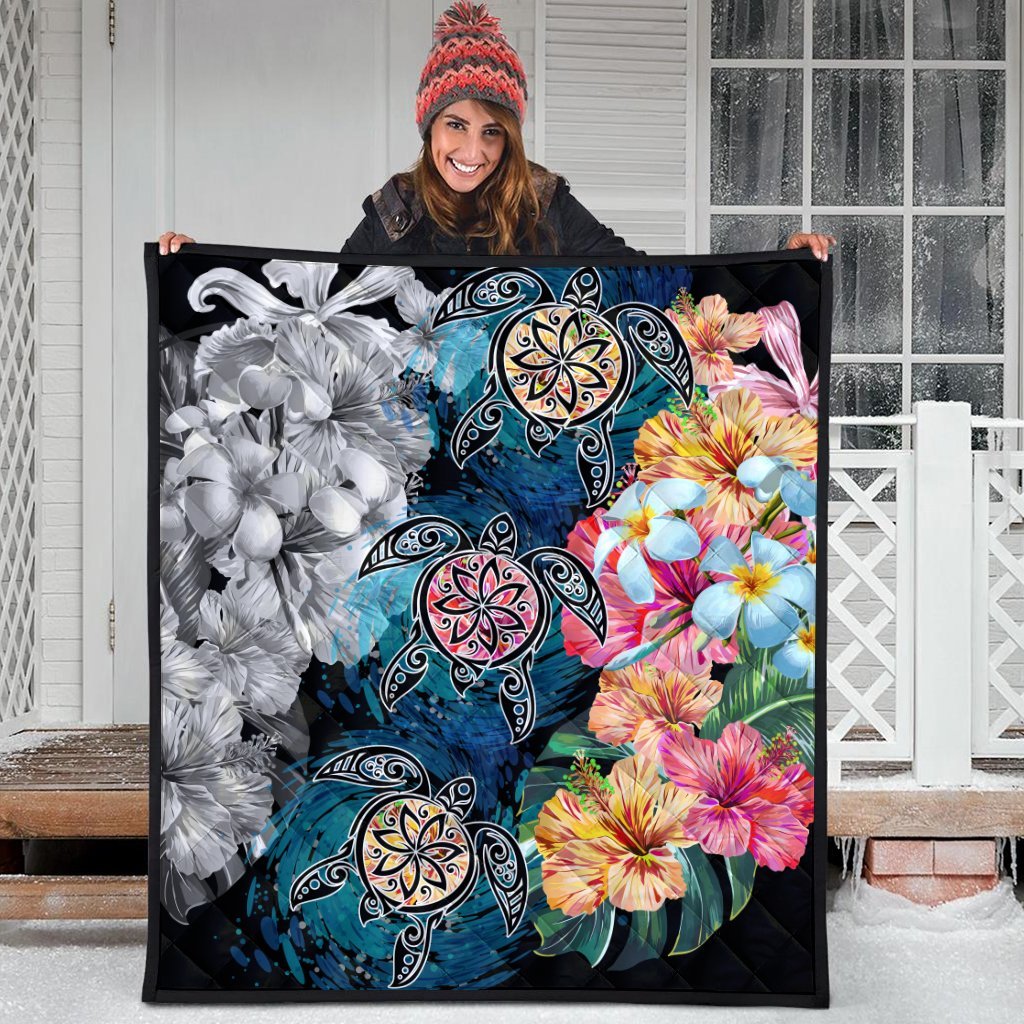 Hawaiian Turtle Swimming Wave Plumeria Hibiscus Polynesian Premium Quilts - Garden Style - AH - Polynesian Pride