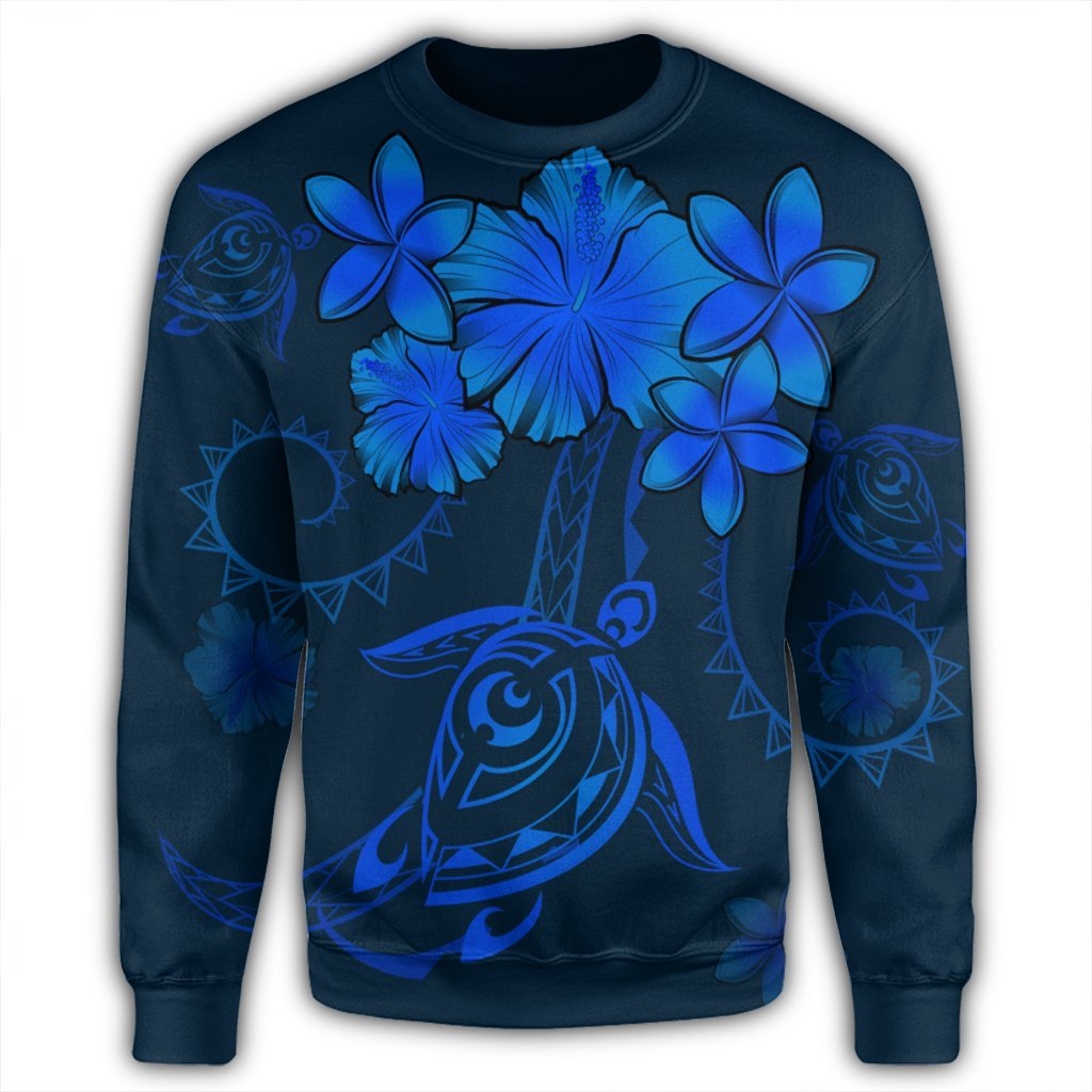 Hawaiian Turtles Hibiscus Plumeria Polynesian Sweatshirt - Blue - AH - Polynesian Pride