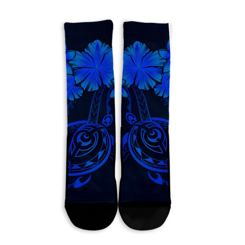 Hawaiian Turtles Hibiscus Plumeria Polynesian Crew Socks - Blue - AH - Polynesian Pride