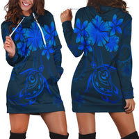 Hawaiian Turtles Hibiscus Plumeria Polynesian Hoodie Dress - Blue - AH Black - Polynesian Pride