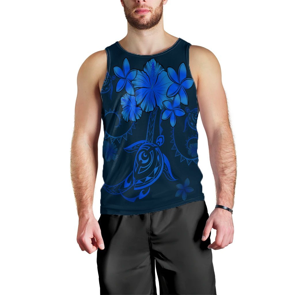 Hawaiian Turtles Hibiscus Plumeria Polynesian Tank Top - Blue - AH Black - Polynesian Pride