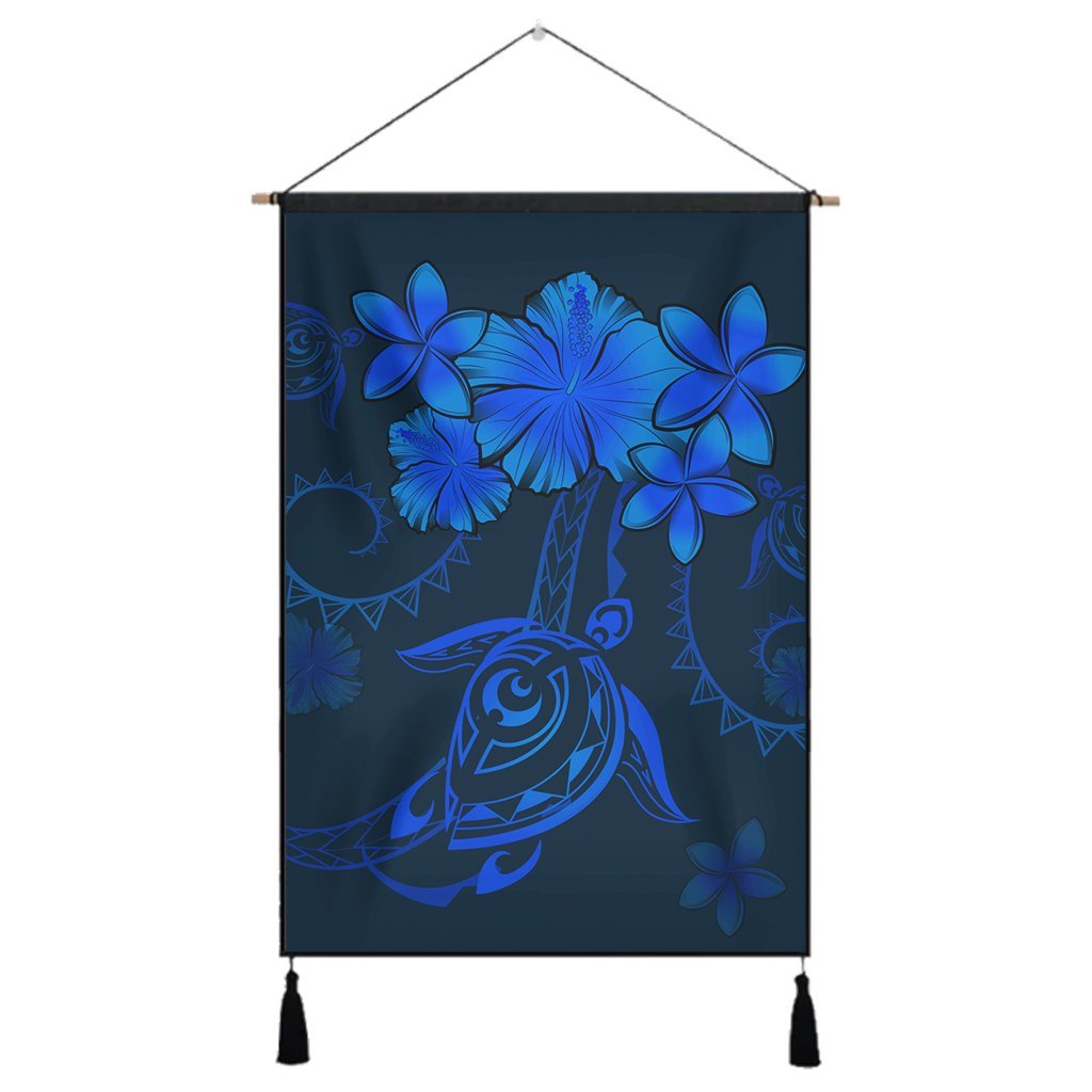 Hawaiian Turtles Hibiscus Plumeria Polynesian Hanging Poster - Blue - AH Hanging Poster Cotton And Linen - Polynesian Pride