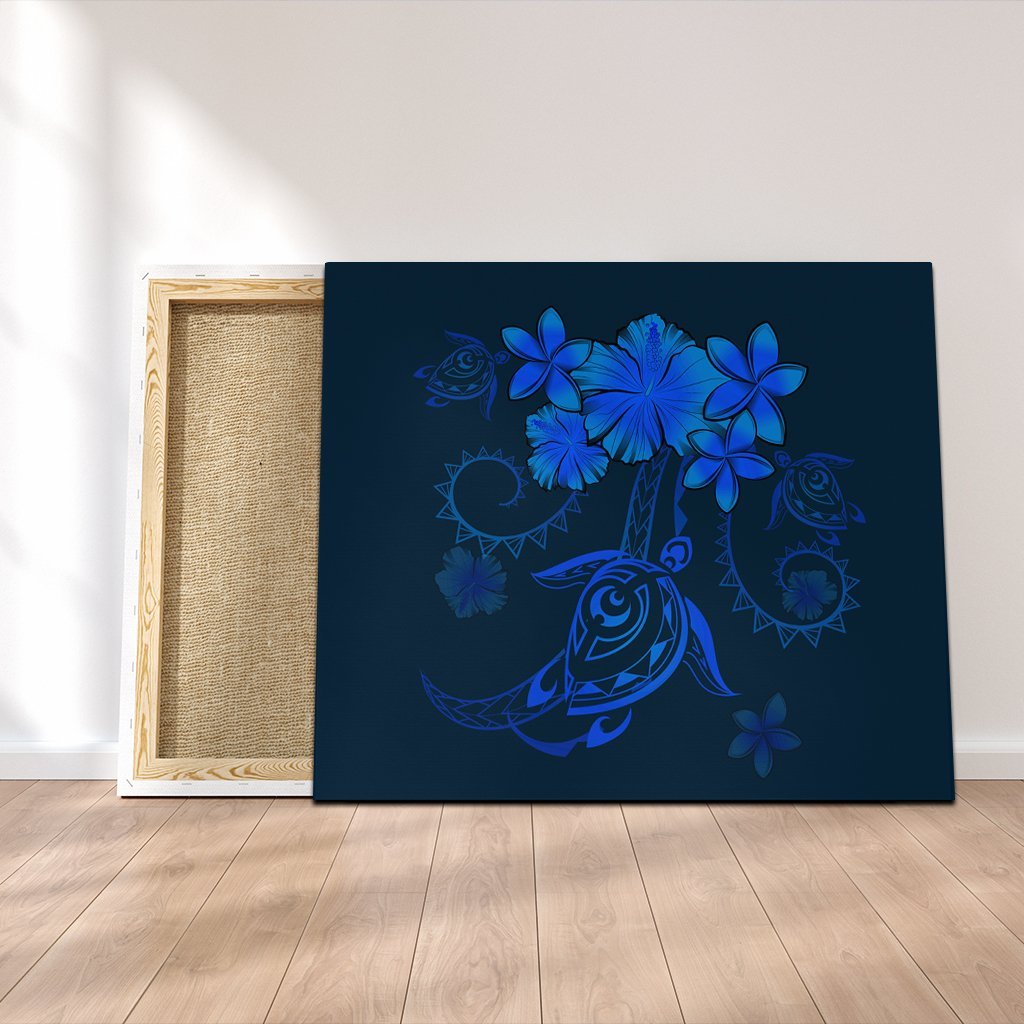 Hawaiian Turtles Hibiscus Plumeria Polynesian Canvas - Blue - AH Canvas Poly-cotton - Polynesian Pride