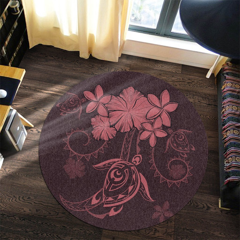 Hawaiian Turtles Hibiscus Plumeria Polynesian Round Carpet - Pink - AH - Polynesian Pride