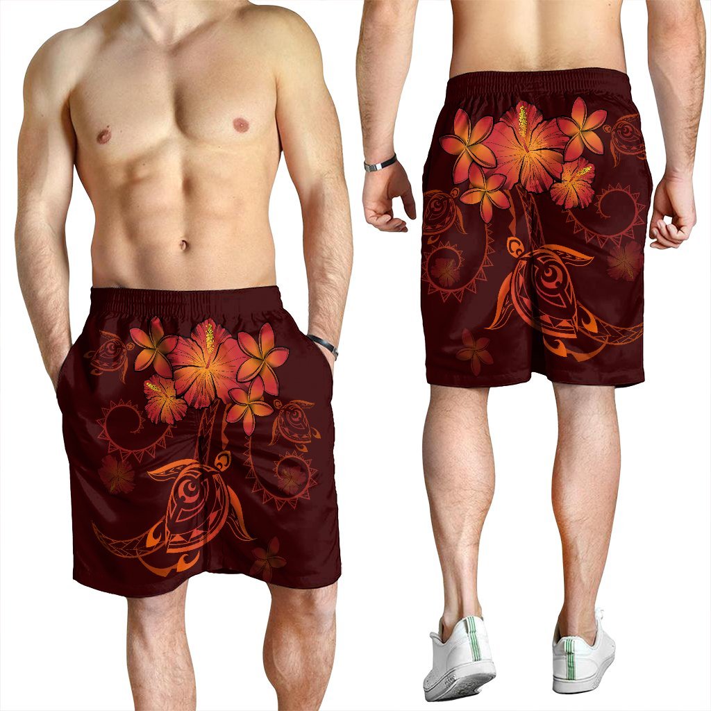 Hawaiian Turtles Hibiscus Plumeria Polynesian Men's Shorts - Red - AH - Polynesian Pride