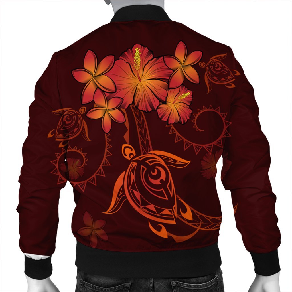 Hawaiian Turtles Hibiscus Plumeria Polynesian Bomber Jacket - Red - AH - Polynesian Pride