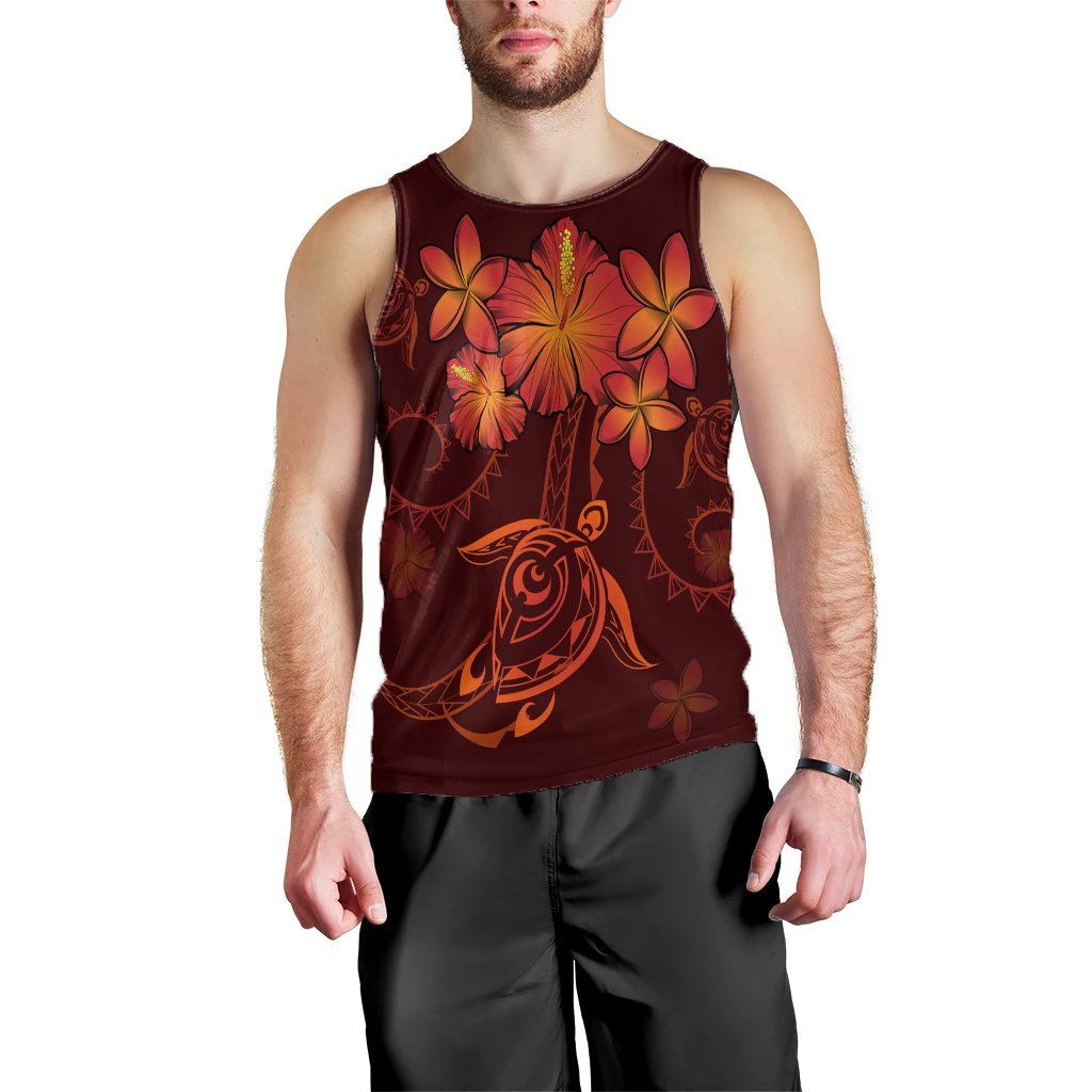 Hawaiian Turtles Hibiscus Plumeria Polynesian Tank Top - Red - AH Black - Polynesian Pride