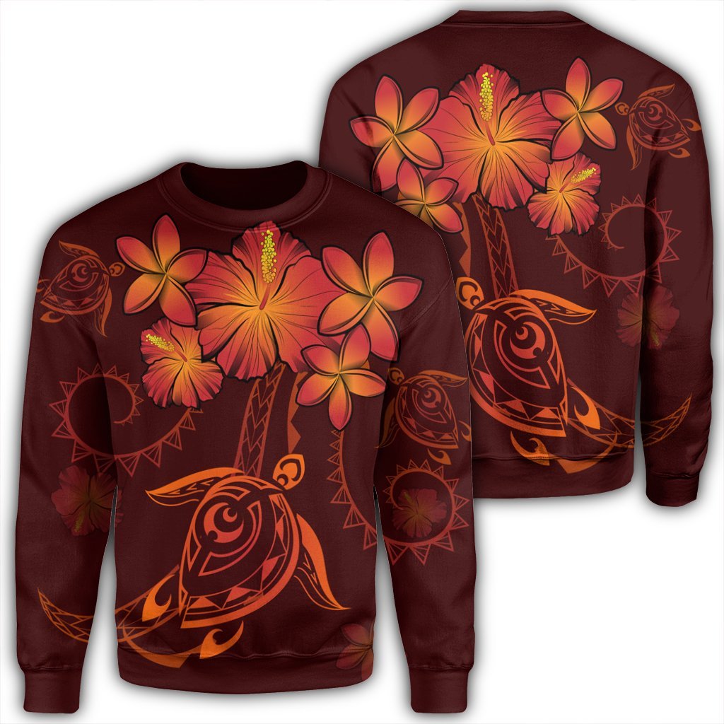 Hawaiian Turtles Hibiscus Plumeria Polynesian Sweatshirt - Red - AH Unisex Black - Polynesian Pride