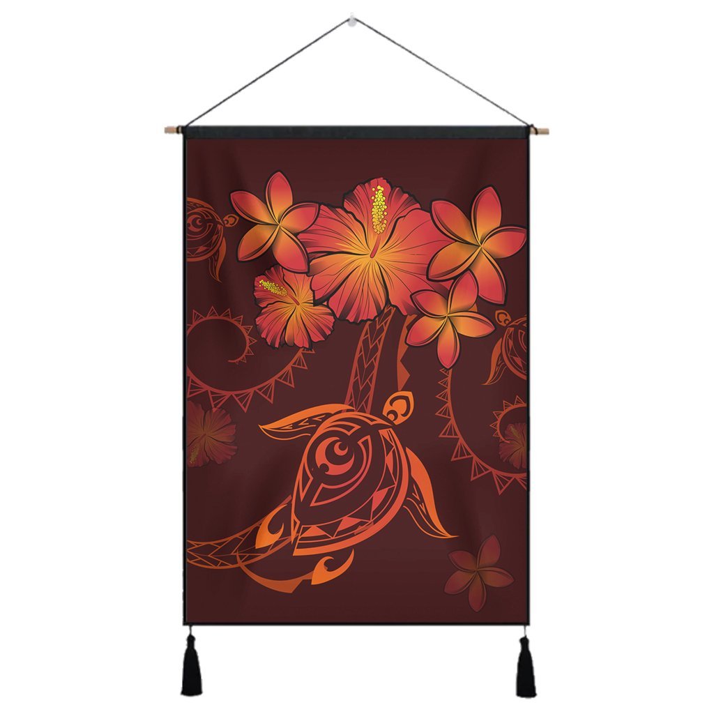 Hawaiian Turtles Hibiscus Plumeria Polynesian Hanging Poster - Red - AH Hanging Poster Cotton And Linen - Polynesian Pride