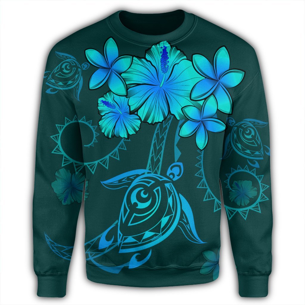 Hawaiian Turtles Hibiscus Plumeria Polynesian Sweatshirt - Turquoise - AH - Polynesian Pride