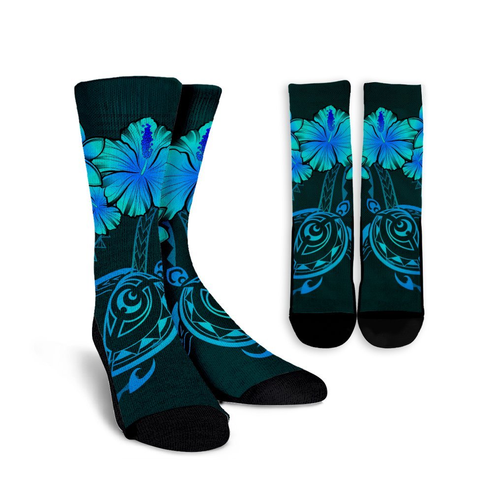 Hawaiian Turtles Hibiscus Plumeria Polynesian Crew Socks - Turquoise - AH Crew Socks White - Polynesian Pride