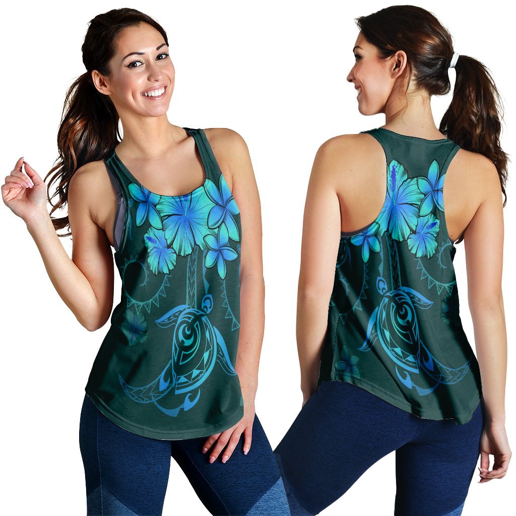 Hawaiian Turtles Hibiscus Plumeria Polynesian Racerback Tank - Turquoise - AH Black - Polynesian Pride