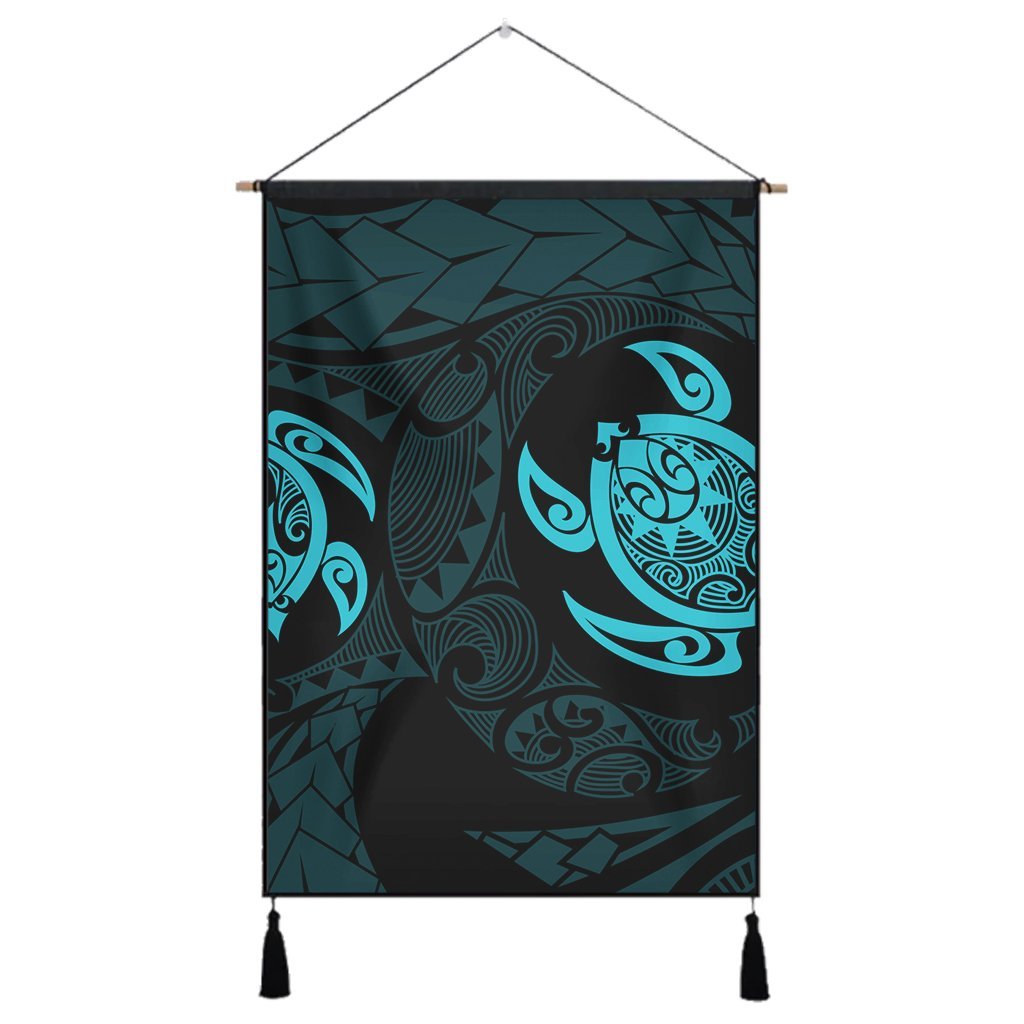 Hawaiian Two Turtle Polynesian Hanging Poster Blue AH Hanging Poster Cotton And Linen - Polynesian Pride