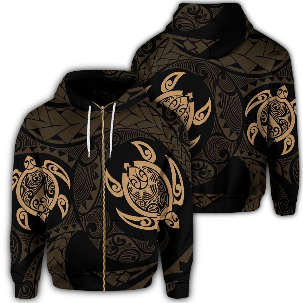 Hawaiian Two Turtle Polynesian Zip Hoodie Gold Unisex Art - Polynesian Pride