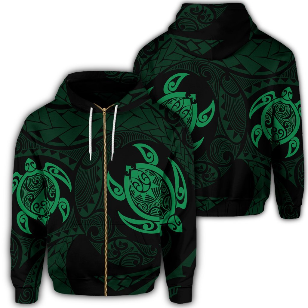Hawaiian Two Turtle Polynesian Zip Hoodie Green Unisex Art - Polynesian Pride