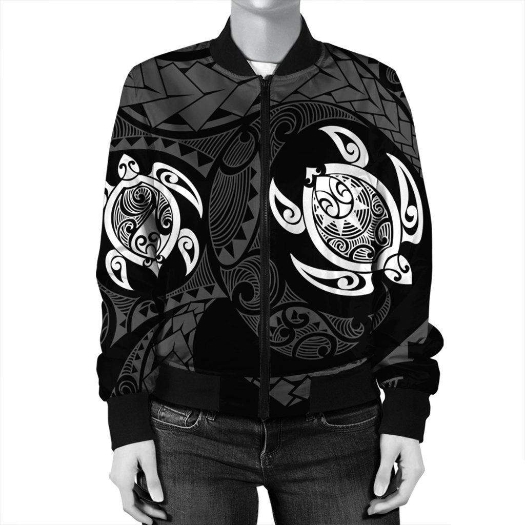 Hawaiian Two Turtle Polynesian Bomber Jacket White AH - Polynesian Pride