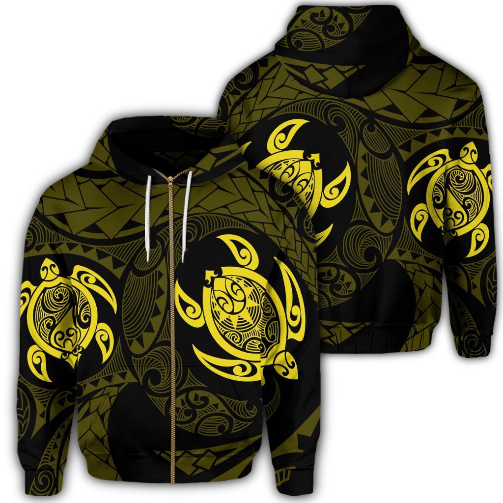 Hawaiian Two Turtle Polynesian Zip Hoodie Yellow Unisex Art - Polynesian Pride