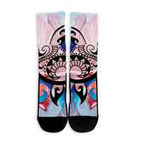 Hawaiian Wave Hibiscus Watercolor Turtle Polynesian Crew Socks - AH - Polynesian Pride