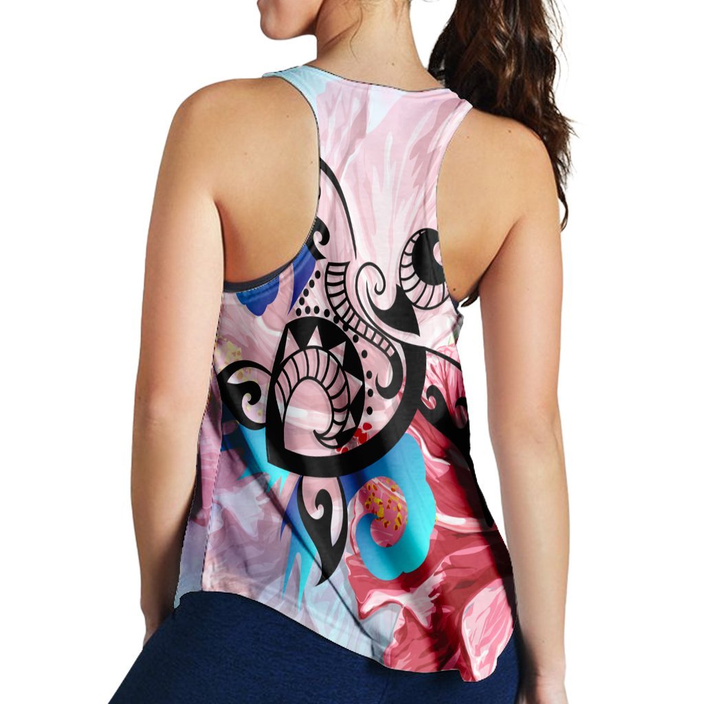 Hawaiian Wave Hibiscus Watercolor Turtle Polynesian Racerback Tank - AH - Polynesian Pride