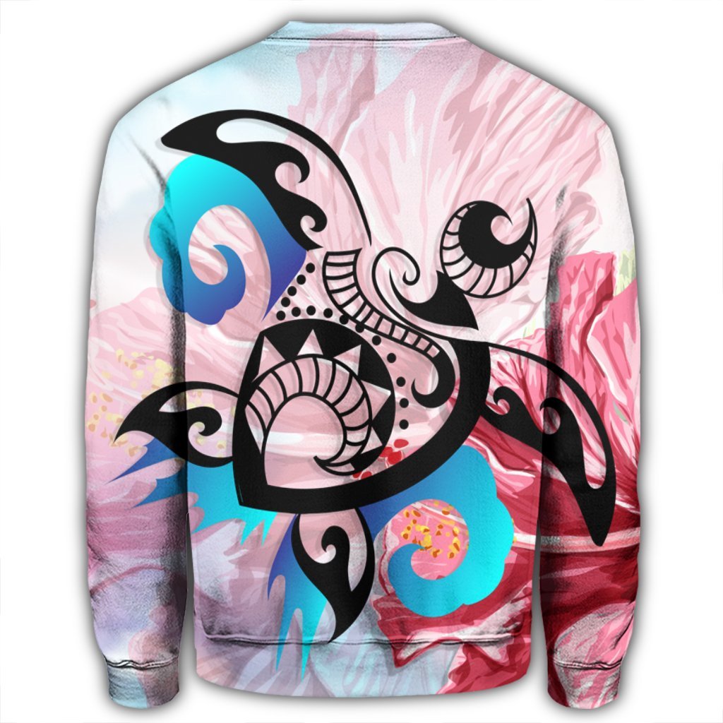 Hawaiian Wave Hibiscus Watercolor Turtle Polynesian Sweatshirt - AH - Polynesian Pride