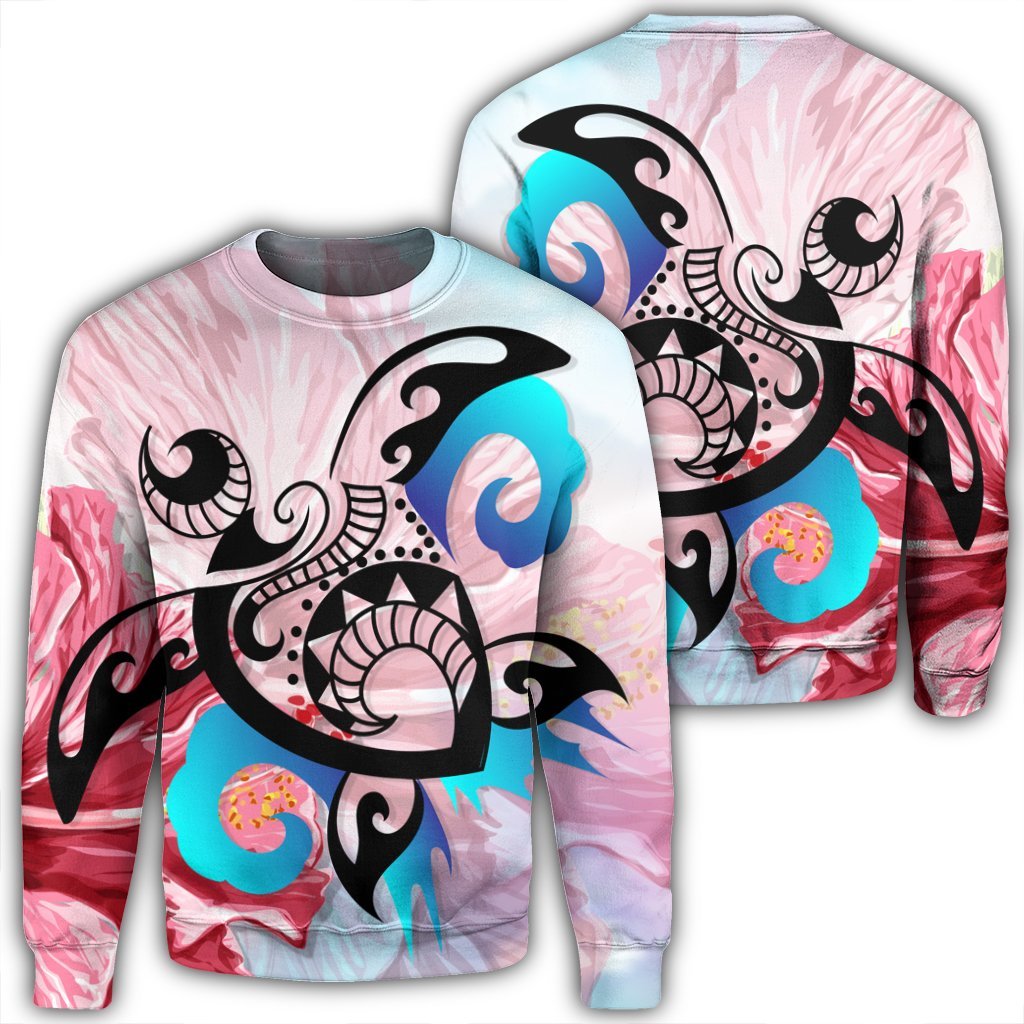 Hawaiian Wave Hibiscus Watercolor Turtle Polynesian Sweatshirt - AH Unisex Black - Polynesian Pride