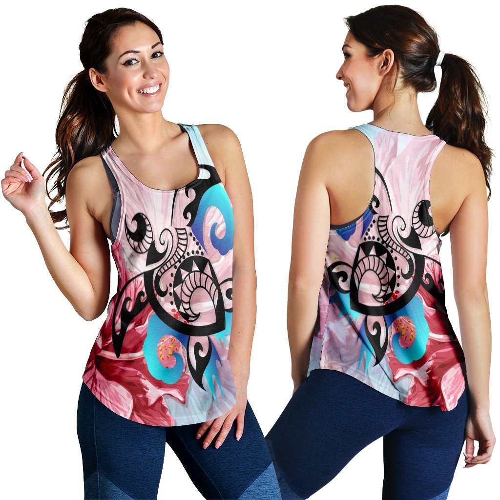 Hawaiian Wave Hibiscus Watercolor Turtle Polynesian Racerback Tank - AH Black - Polynesian Pride