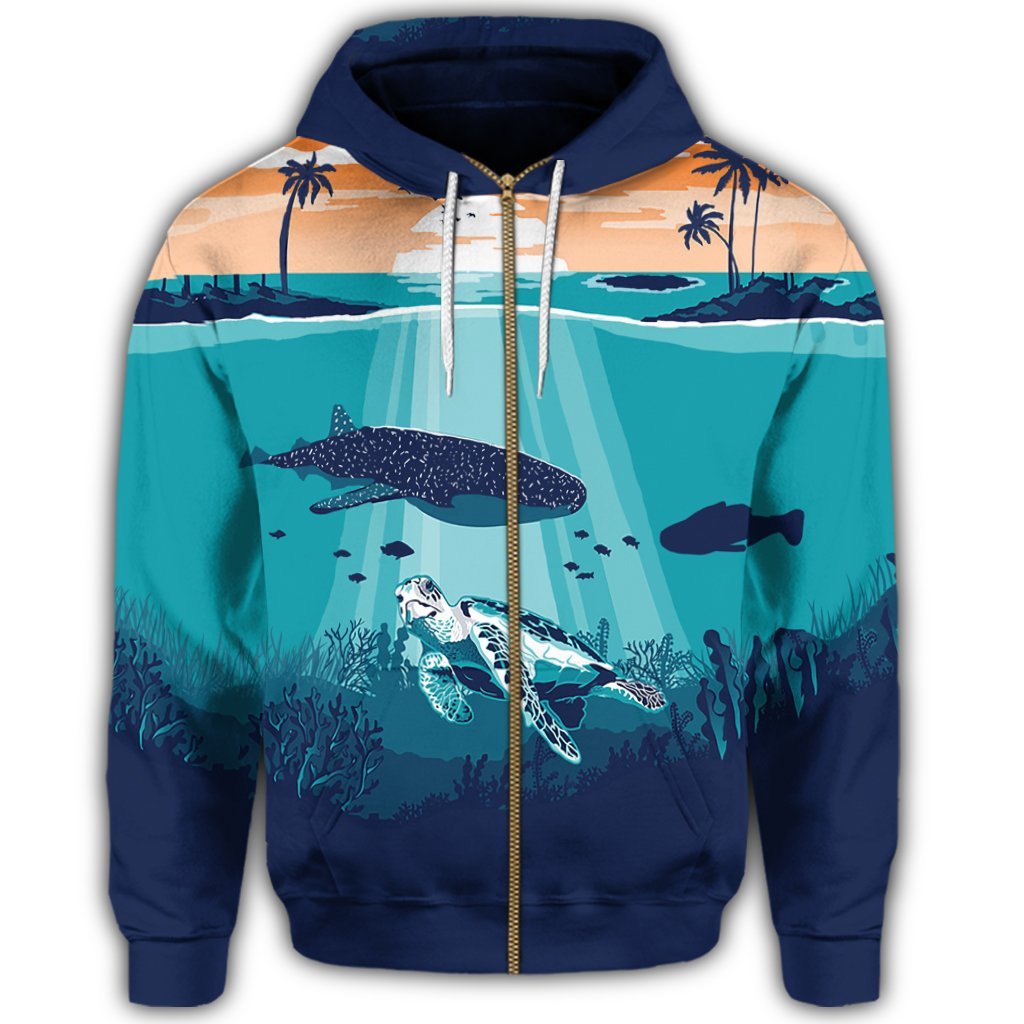 Hawaiian Whale and Turtle In Sunset Polynesian Zip Hoodie - Polynesian Pride