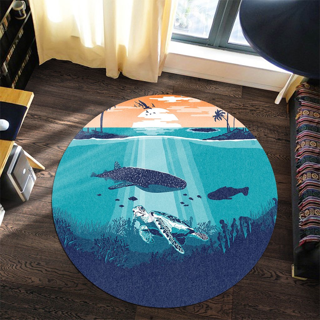Hawaiian Whale And Turtle In Sunset Polynesian Round Carpet - AH - Polynesian Pride