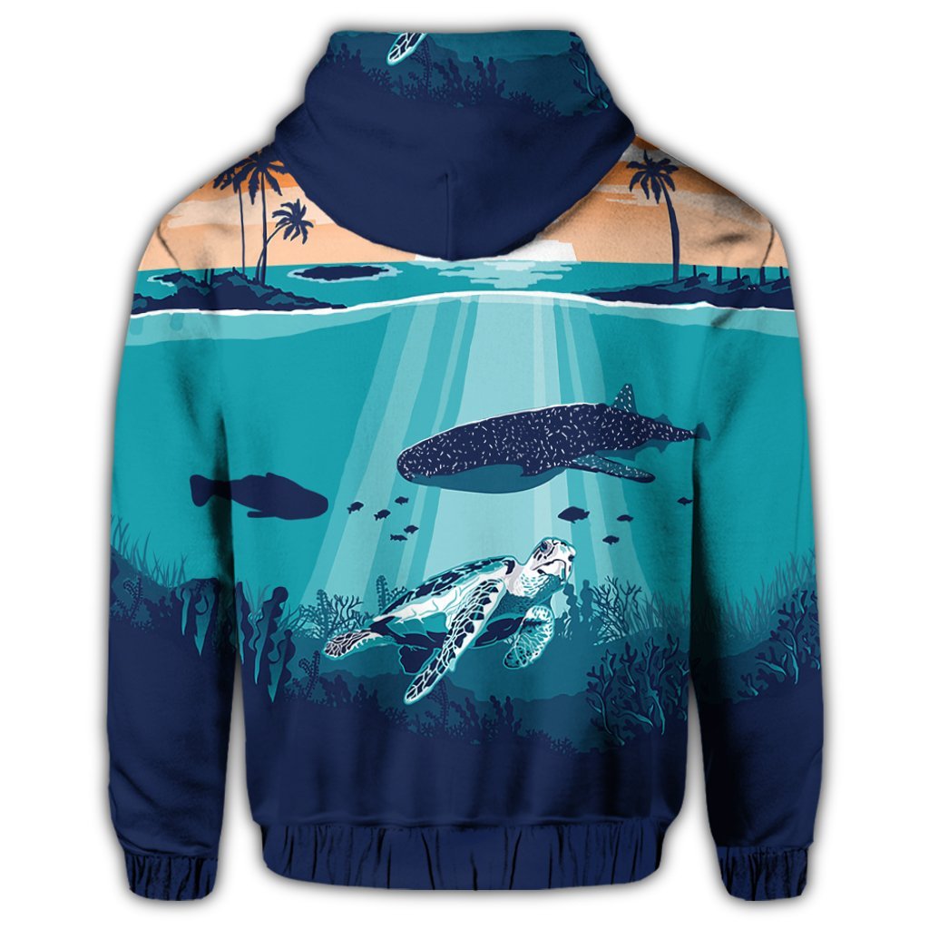 Hawaiian Whale and Turtle In Sunset Polynesian Zip Hoodie - Polynesian Pride