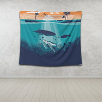 Hawaiian Whale And Turtle In Sunset Polynesian Tapestry - AH - Polynesian Pride
