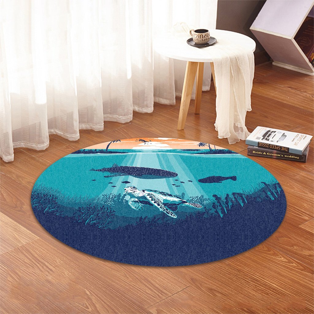 Hawaiian Whale And Turtle In Sunset Polynesian Round Carpet - AH - Polynesian Pride