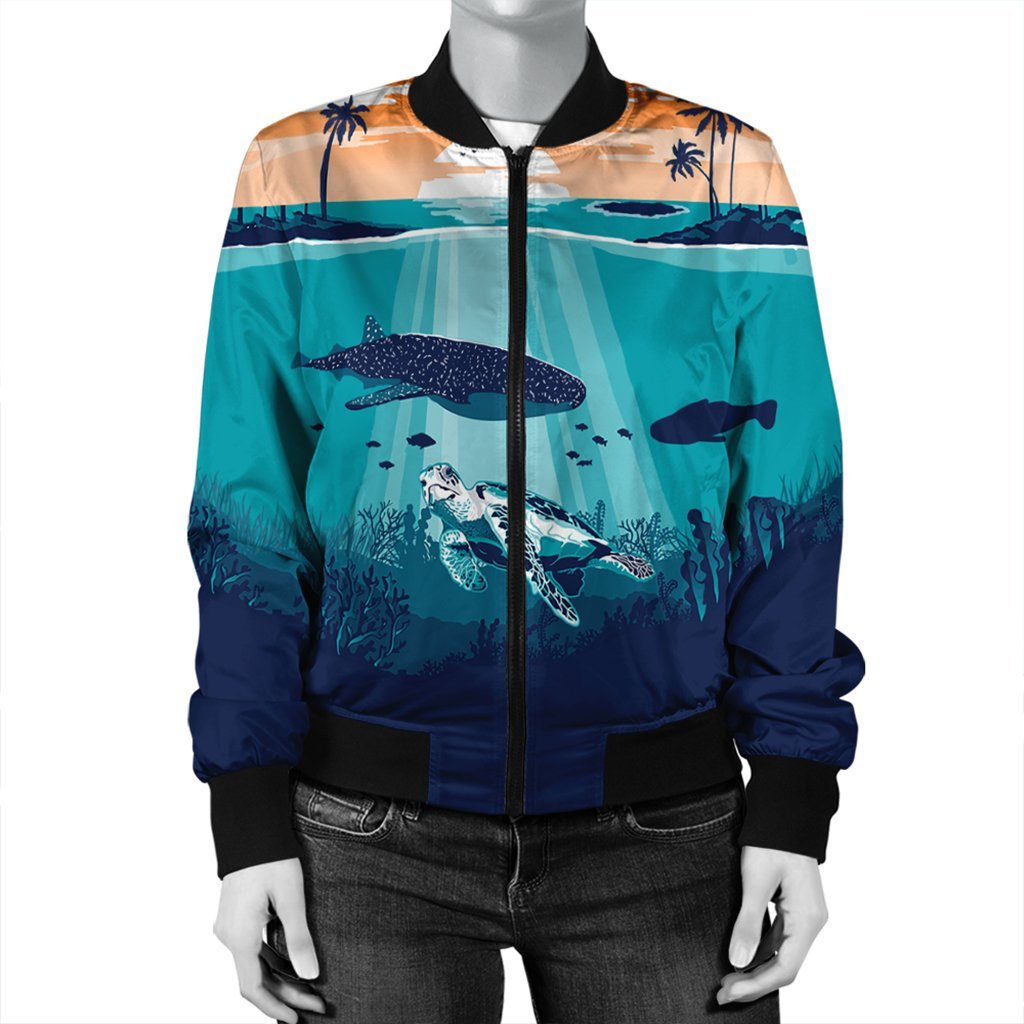 Hawaiian Whale And Turtle In Sunset Polynesian Bomber Jacket - AH - Polynesian Pride