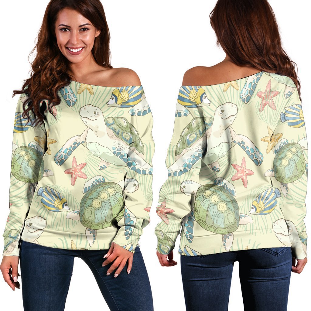 Hawaiian World Animals In Sea Women's Off Shoulder Sweater - AH Black - Polynesian Pride