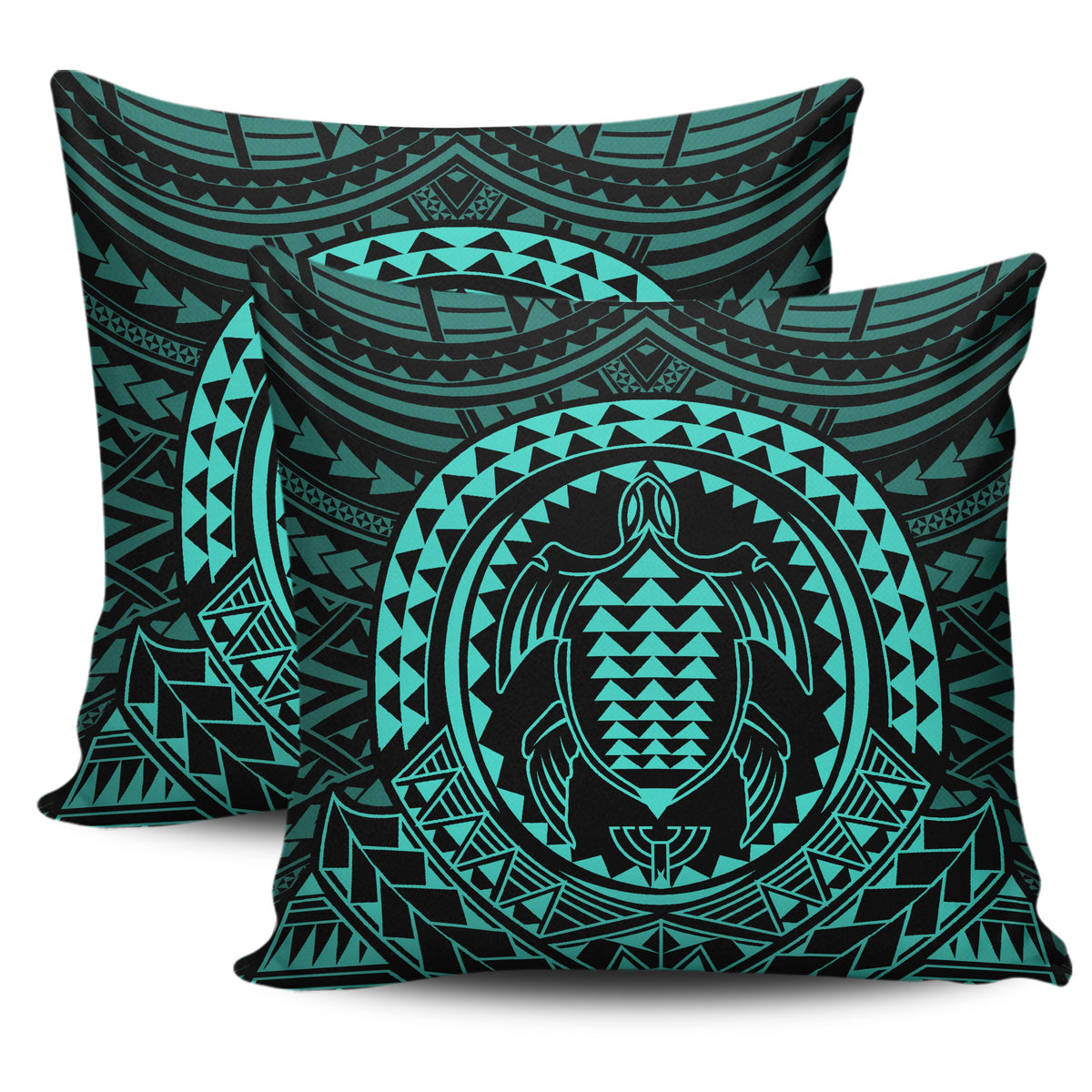 Hawaiian Kakau Honu Arc Turquoise Polynesian Pillow Covers One Size Zippered Pillow Cases 18"x 18" (Twin Sides) (Set of 2) Turquoise - Polynesian Pride