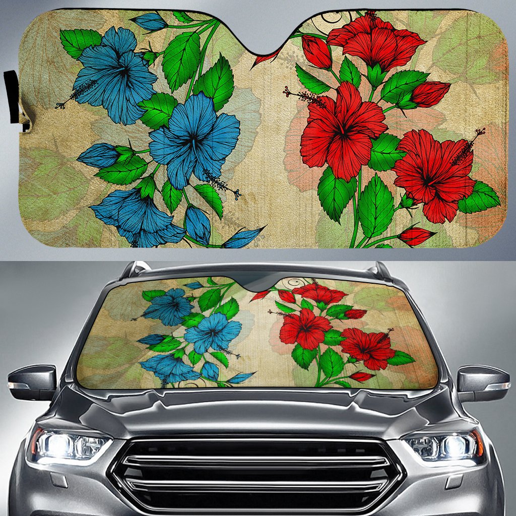 Hibibus Blue And Red Car Sun Shade AH Auto Sun Shade Universal Fit White - Polynesian Pride